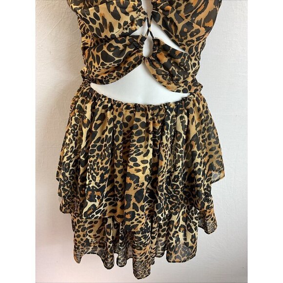 Revolve LPA cut out Cheetah print Ruffled sleeveless Sexy mini dress halter MED - Picture 3 of 11